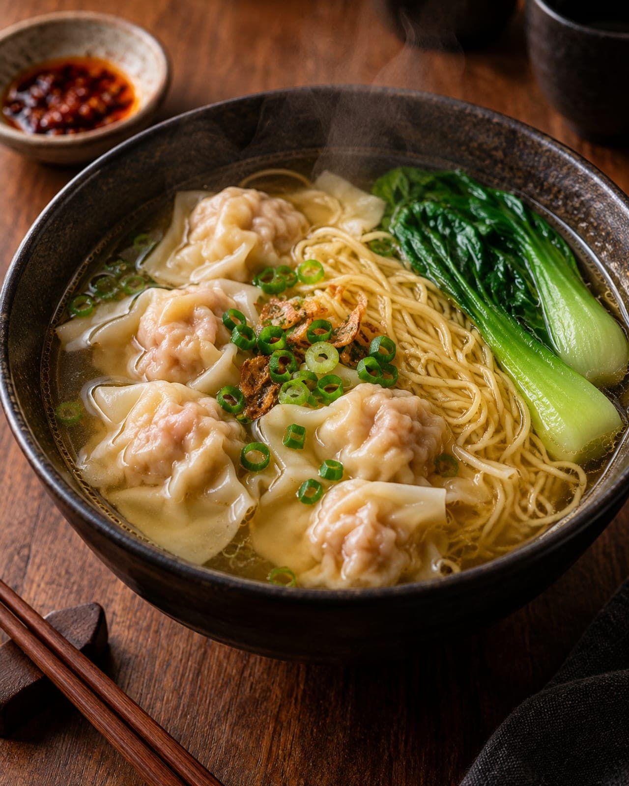 Wonton Noodle Soup – Wontonsoppa med äggnudlar och pak choi. Fläsk.
