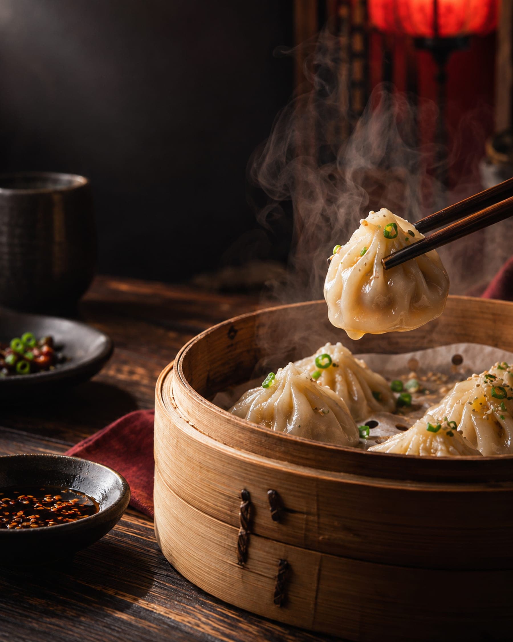 Nyångade dumplings i bambukorg på Pin Pin Dumpling i Malmö