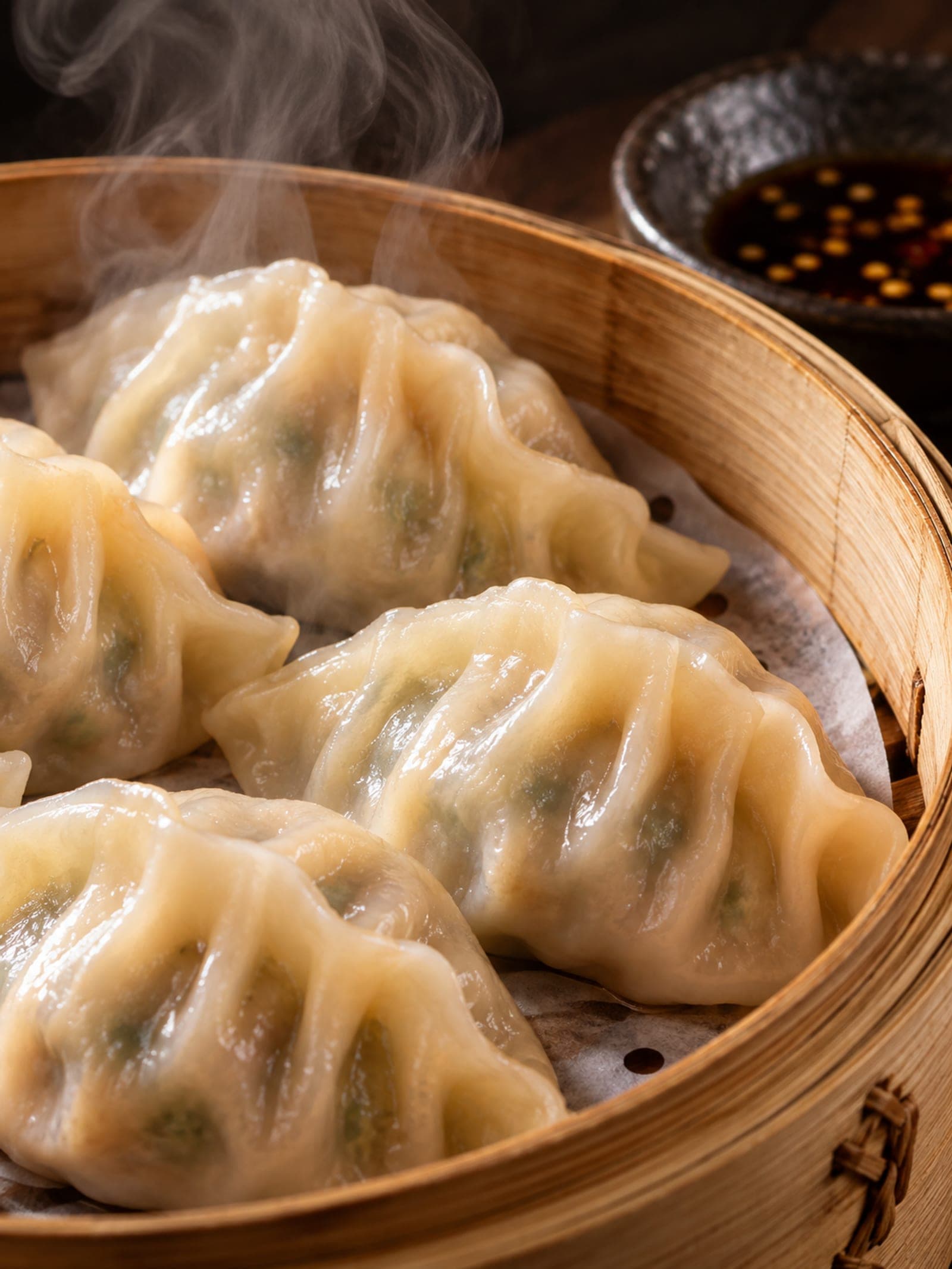 Ångade dumplings i bambukorg