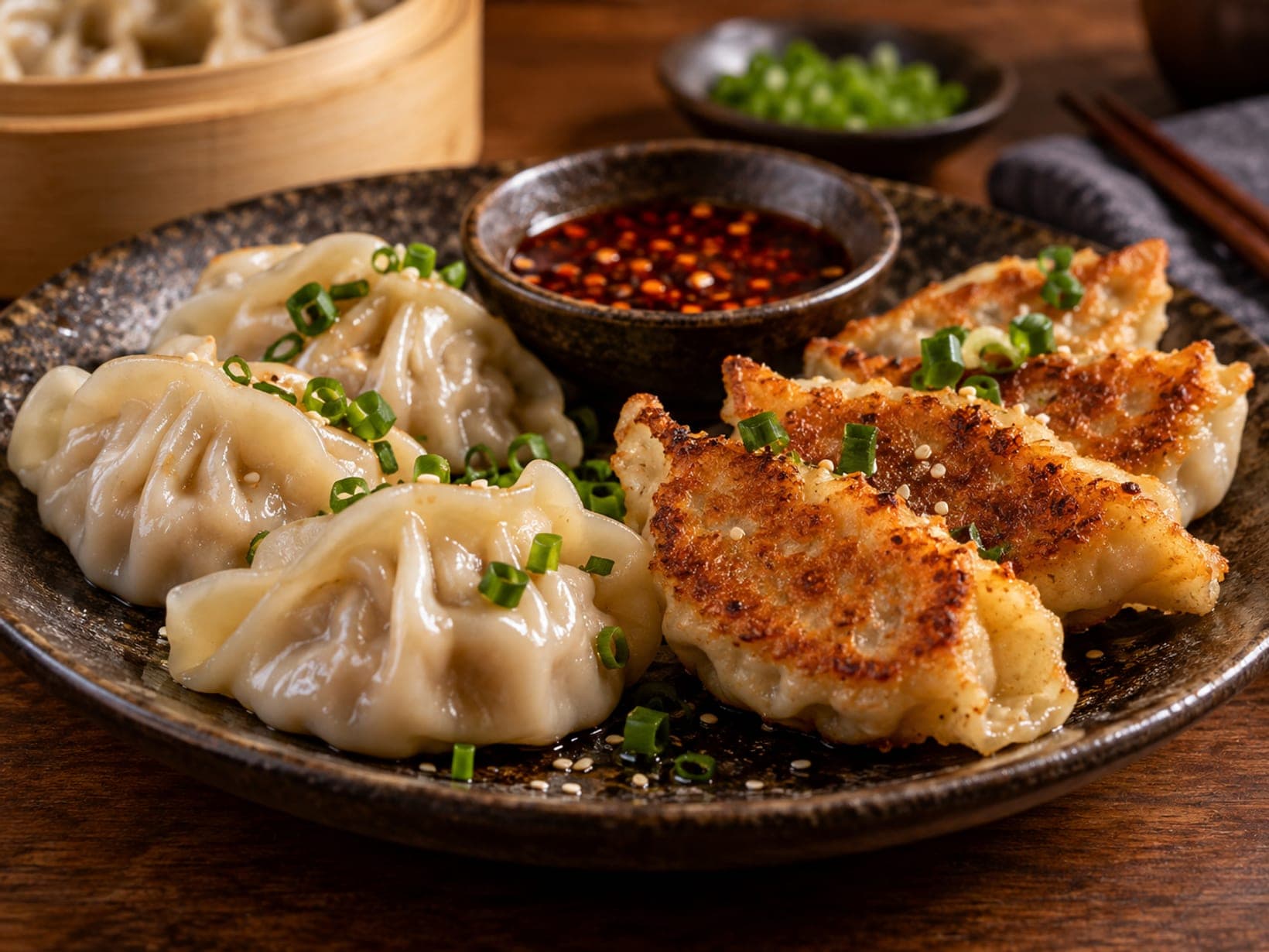 Ångade och stekta dumplings serverade sida vid sida